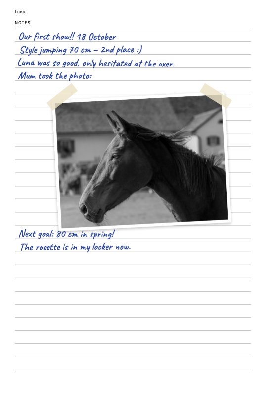 Notes page at the back: notes about the first show and a photo of the horse stuck in