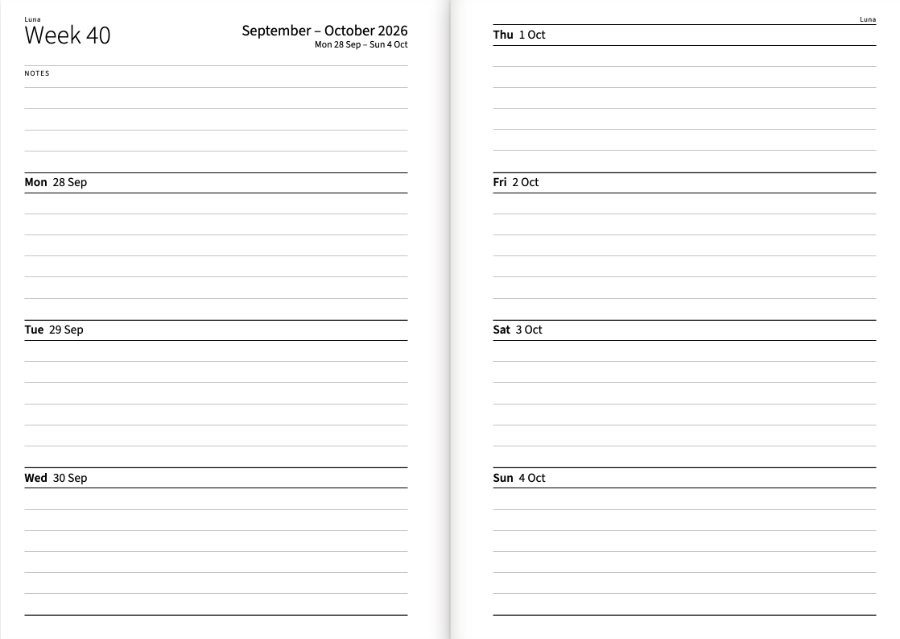 Empty weekly spread: three days on the left, four on the right, each with its date and lines