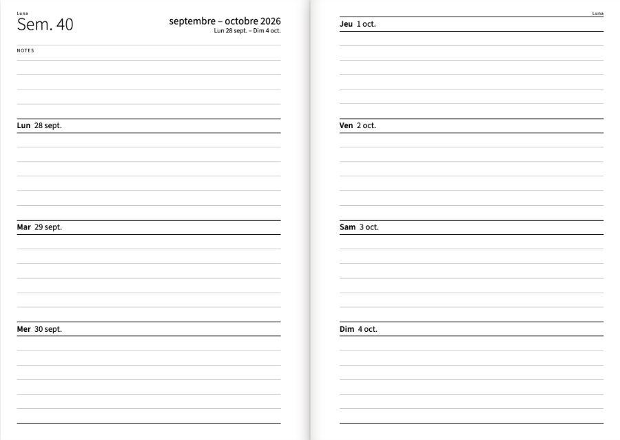 Double page d'une semaine vide : trois jours à gauche, quatre à droite, chacun avec sa date et des lignes