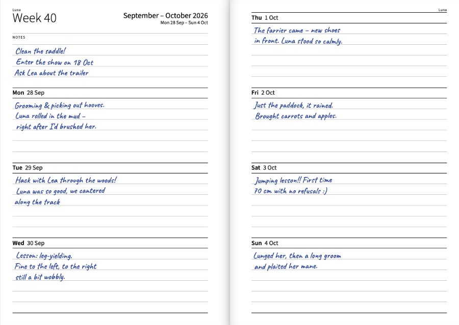 Open weekly spread filled in by hand: Monday to Wednesday on the left, Thursday to Sunday on the right, notes for the week at the top